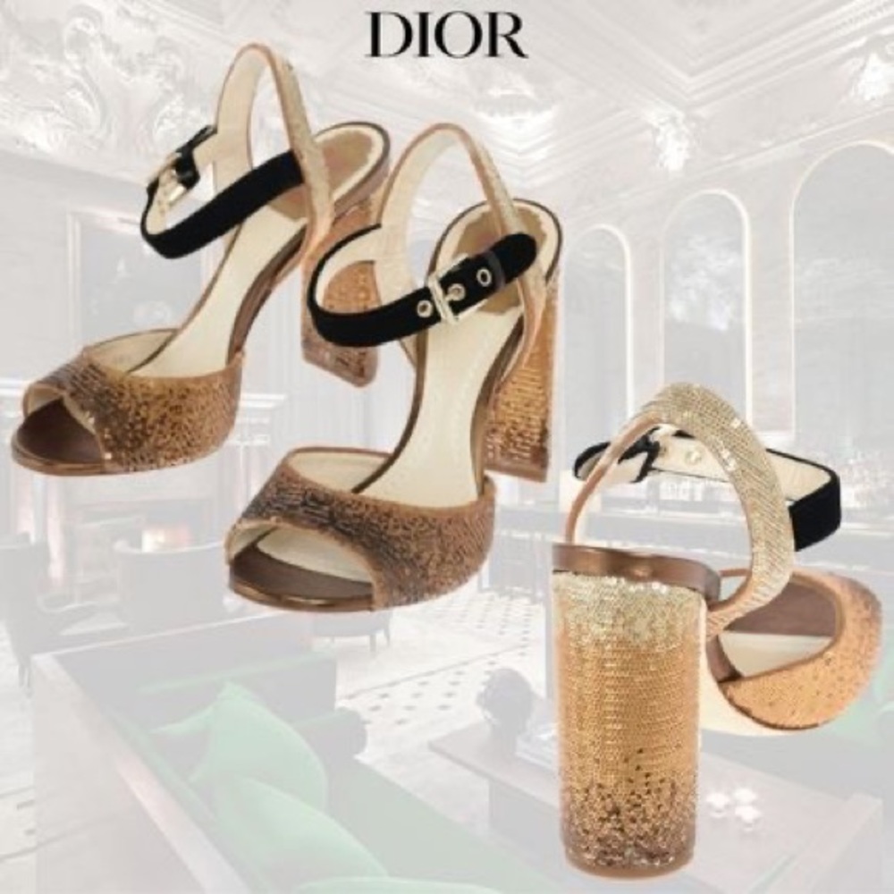 Christian Dior | Round Toe Leather Block Heels Party Style With Jewels L…